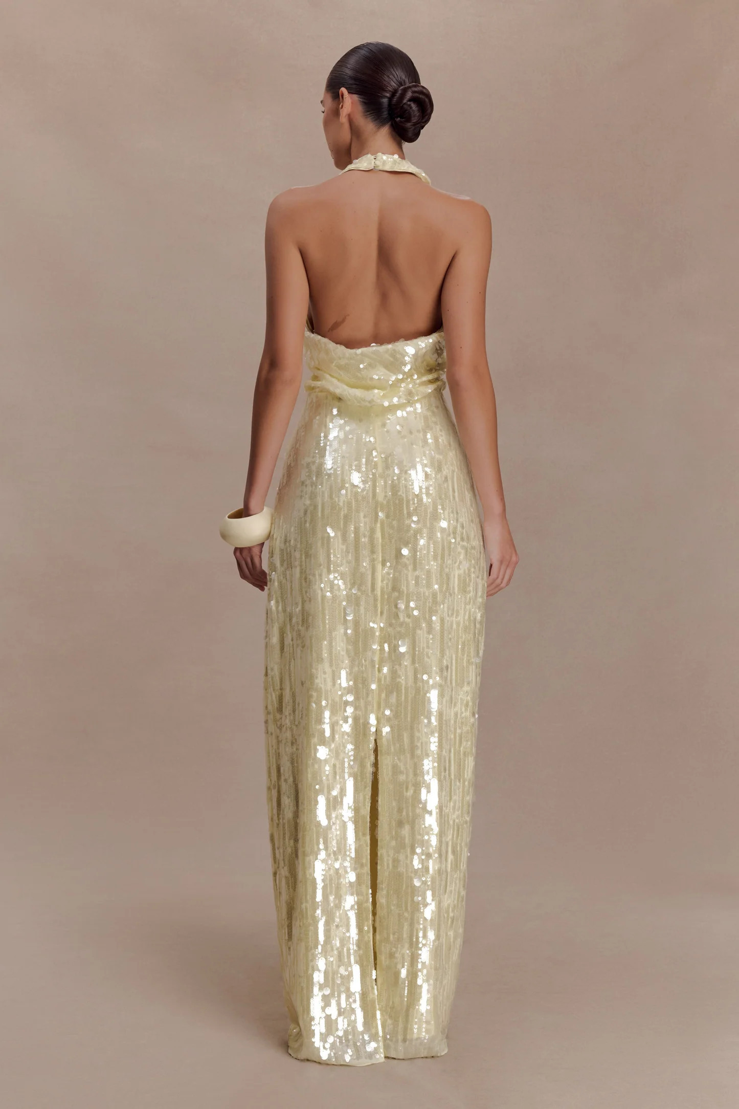 Sequin Halter Maxi Dress - Lemon | MESHKI US