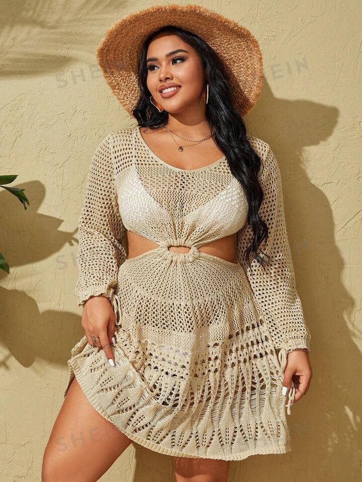 SHEIN Swim Curve Plus Size Solid Color Hollow Out Detail Cover Up Top For Waist | SHEIN