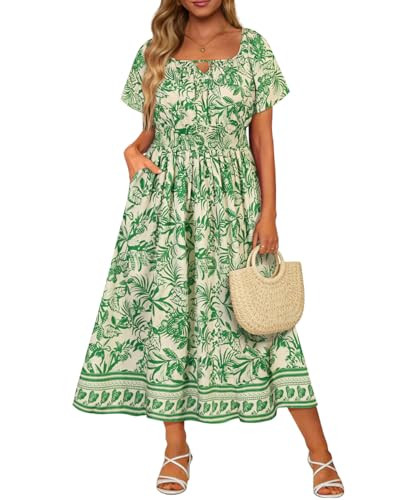 CARCOS Womens Plus Size Dress Summer Short Sleeves Square Neck Tie Front Elastic Waist Midi Dress... | Amazon (US)