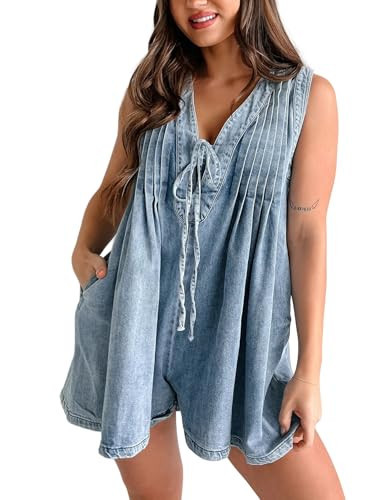 Perbai Women's Casual Summer Jean Romper V Neck Sleeveless Tie Front Denim Romper Overall Shorts with Pockets(LightBlue-S) | Amazon (US)