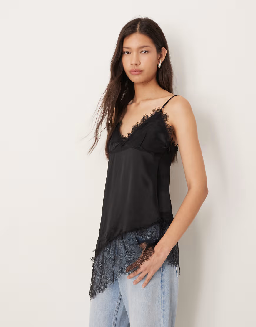 ASOS DESIGN satin lace trim asymmetric hem cami top in black | ASOS (Global)