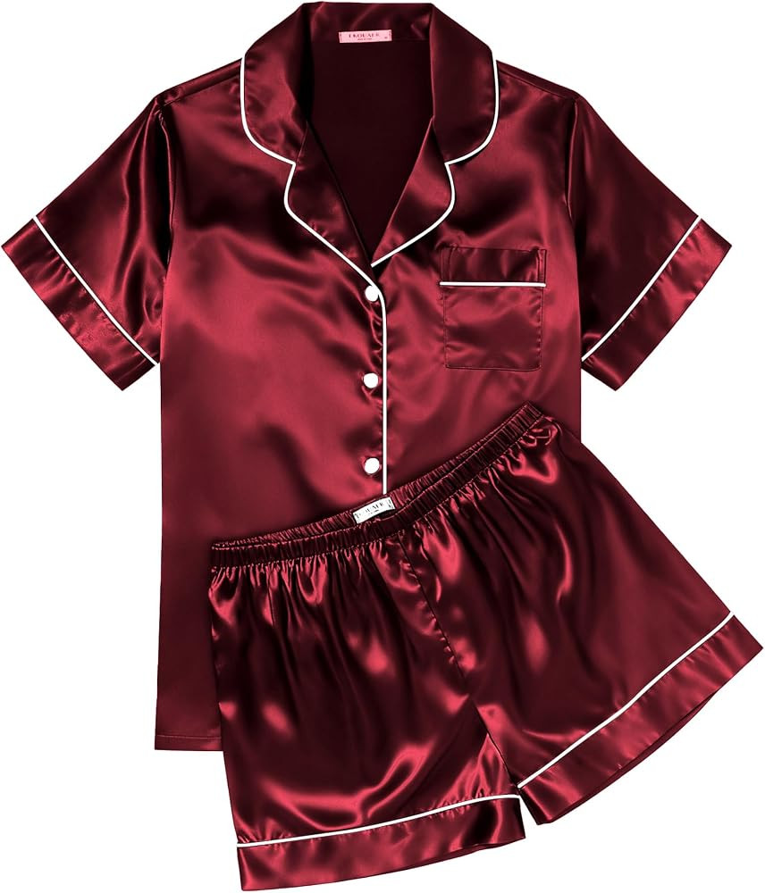 Ekouaer Womens Silk Satin Pajama Sets Soft Short Sleeve Button Down Sleepwear Top and Shorts 2 Pi... | Amazon (US)