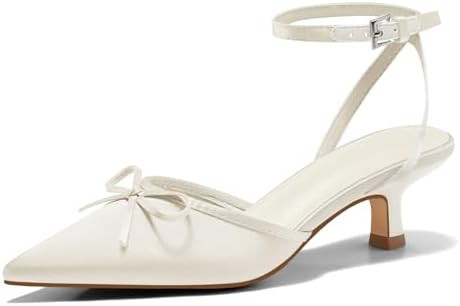 Coutgo Satin Kitten Low Heels with Bow Closed Pointed Toe Short Pumps Dress Wedding Party Shoes | Amazon (US)
