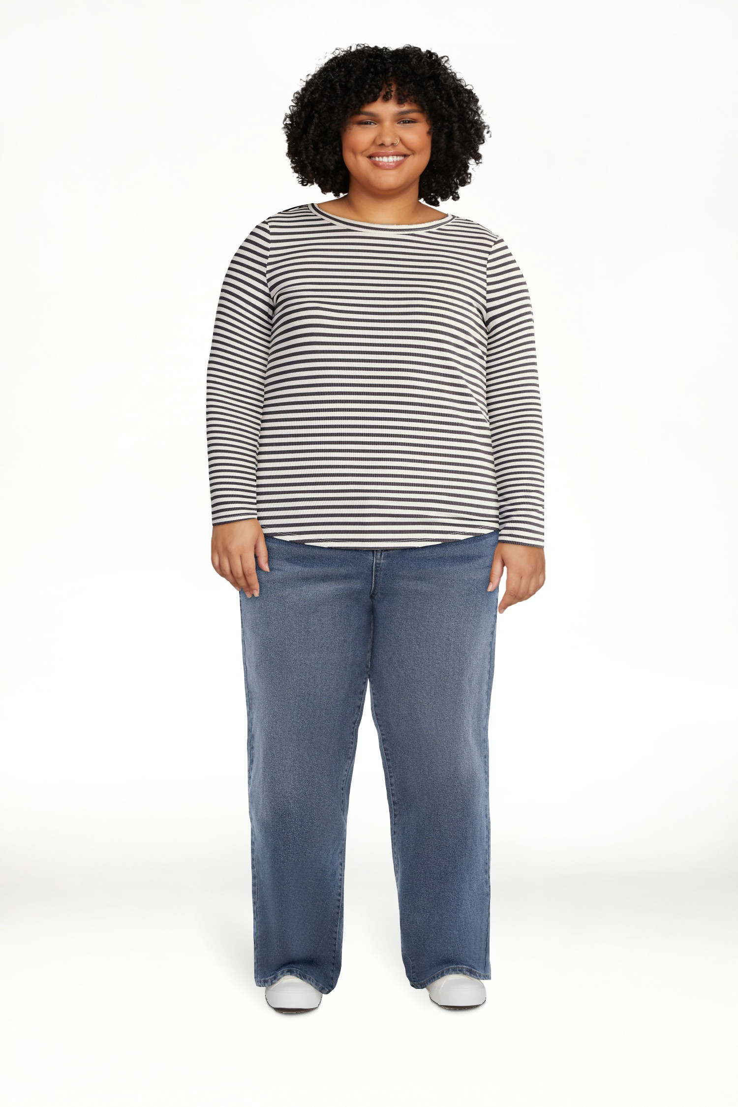 No Boundaries Ribbed Crewneck Tee with Long Sleeves, 1 or 2-Pack, Women's & Women's Plus XXS-XXL | Walmart (US)