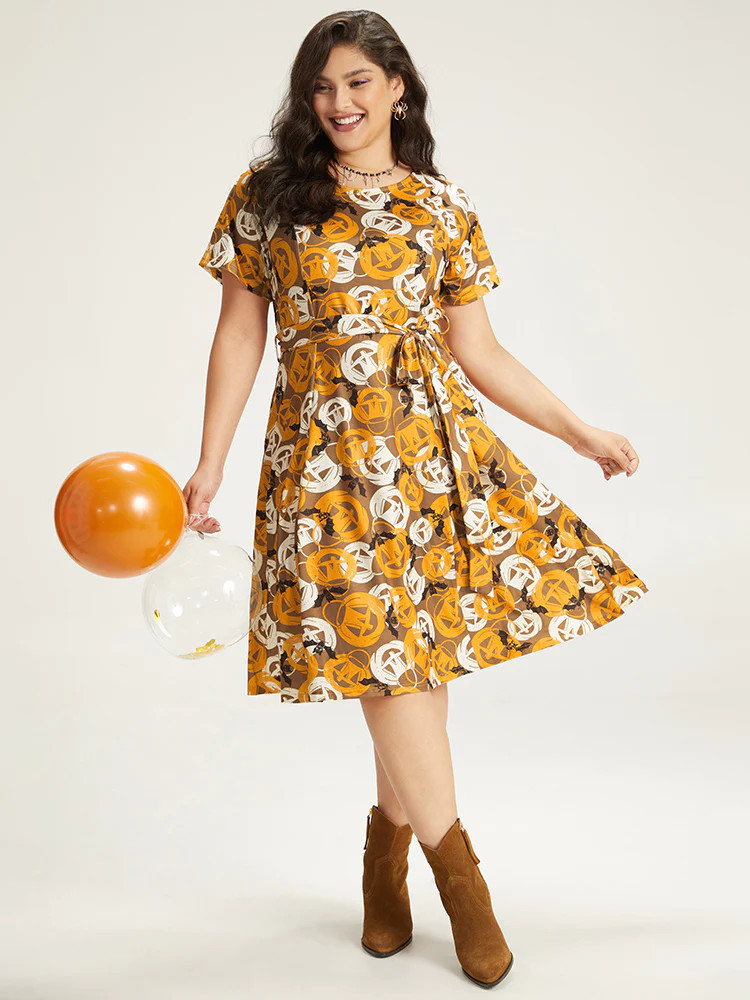 Halloween Print Crew Neck Pocket Belted Dress | Bloomchic