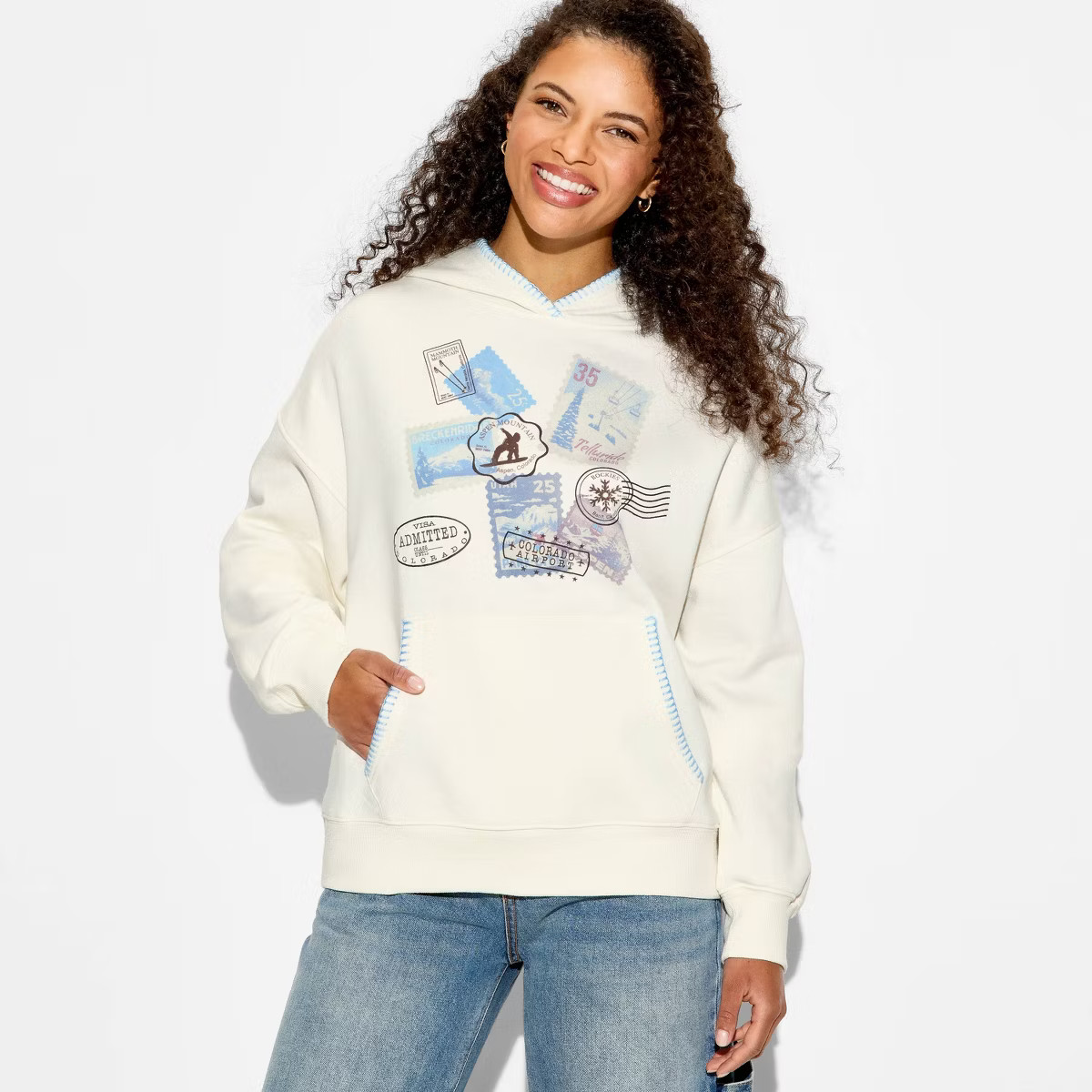 Women's Postcard Whipstitch Graphic Hooded Pullover Sweatshirt - Off-White L | Target