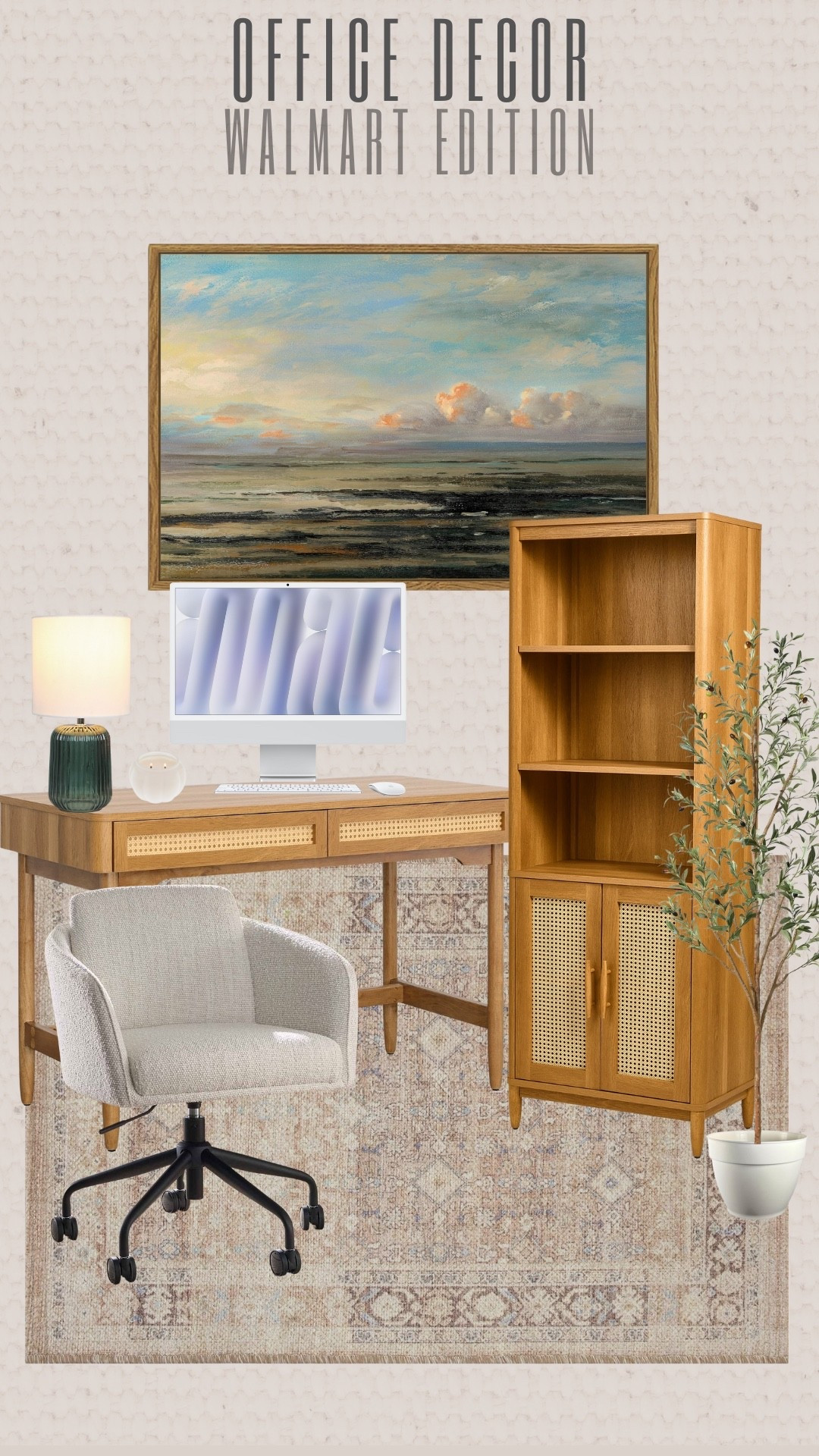 Office decor Walmart Edition! Love this neutral elevated office look! 

Office Refresh Look Office Elevated Furniture Interior Design Inspo Walmart Finds Office Space 