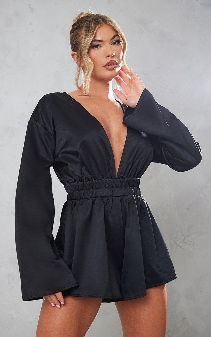 Black Satin Plunge Flare Sleeve Romper | PrettyLittleThing US