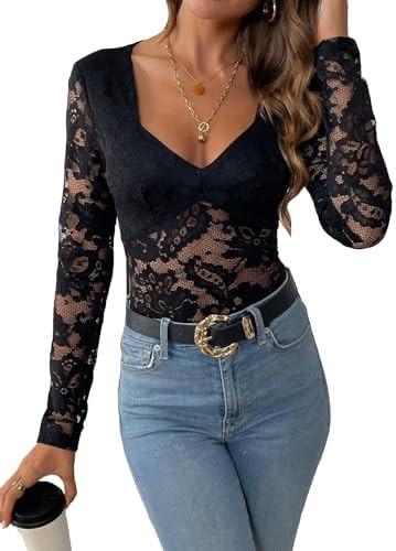 SweatyRocks Women's Sheer Floral Lace V Neck Bodysuit Long Sleeve Slim Fit Jumpsuits | Amazon (US)