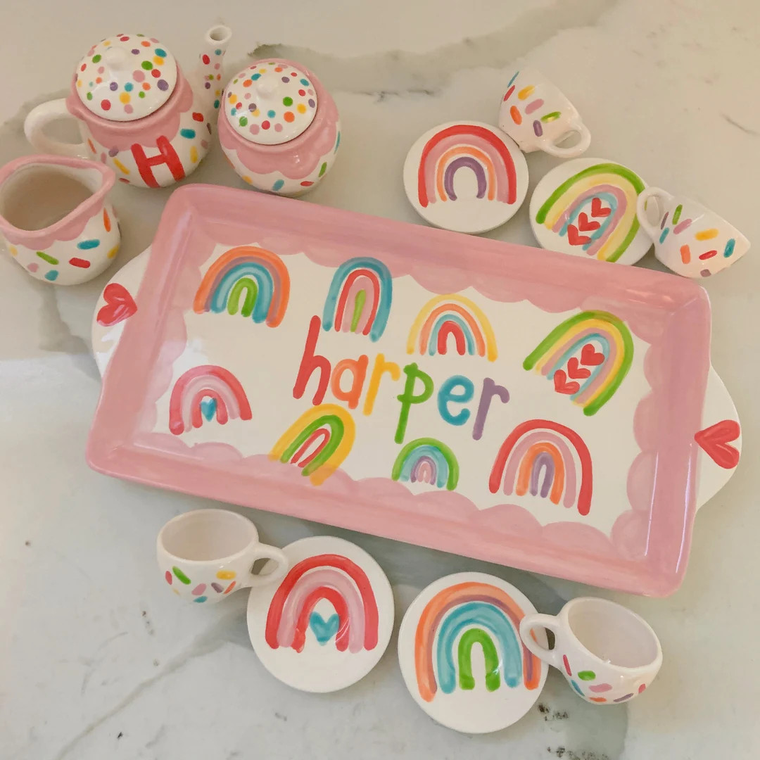 Rainbows and Hearts Little Girls Personalized Tea Set With Tray // Whimsical Rainbow Party Sprink... | Etsy (US)