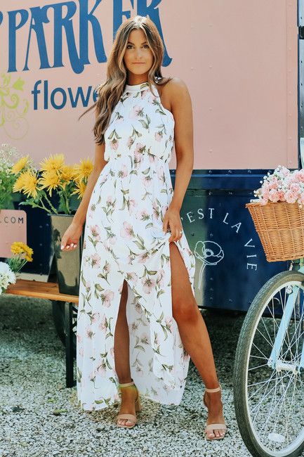 Halter Floral Print White Maxi Dress | Magnolia Boutique