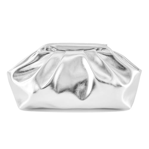 Huralona Dressy Pleated Vegan Leather Clutch Ruched Bag Purse Metallic PU Clutch Cloud Dumpling Bag for Women (Silver) | Amazon (US)