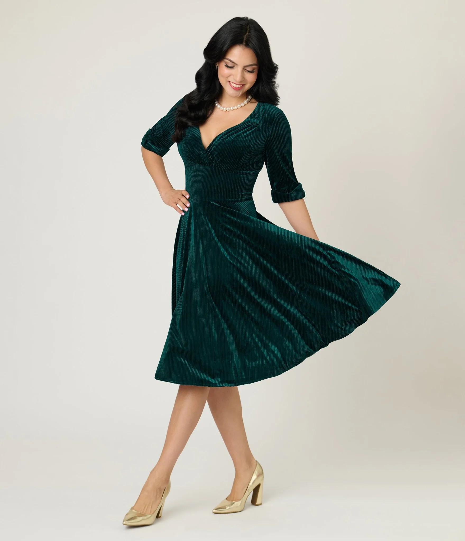 Unique Vintage Emerald Textured Velvet Delores Swing Dress | UniqueVintage