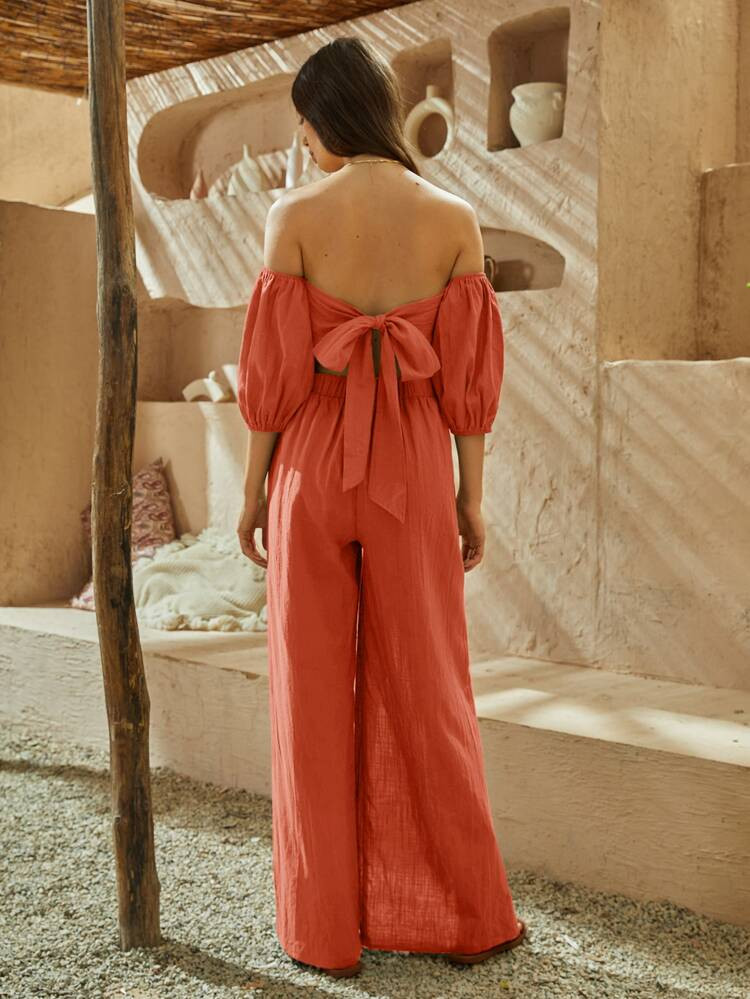 SHEIN Off Shoulder Tied Backless Crop Top & Split Thigh Pants Set | SHEIN