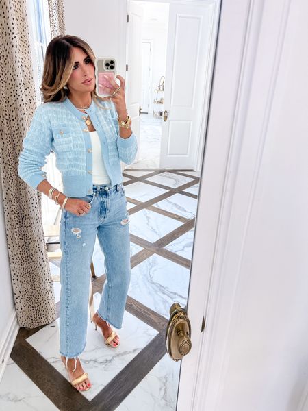 Wearing a size small in cardigan and size 25 in jeans. 

Spring fashion, Amazon fashion, Anine Bing, blue jeans, casual looks, dinner outfit, date night outfit, gold heels, Emily Ann Gemma 

#LTKstyletip