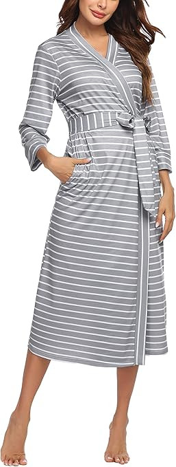 MAXMODA Women Kimono Robes Cotton Lightweight Long Robe Knit Bathrobe Soft Sleepwear V-Neck Ladie... | Amazon (US)