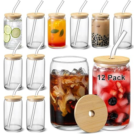[ 12pcs Set ] Glass Cups with Bamboo Lids and Glass Straw - Beer Shaped Drinking Glasses, 16 oz I... | Amazon (US)
