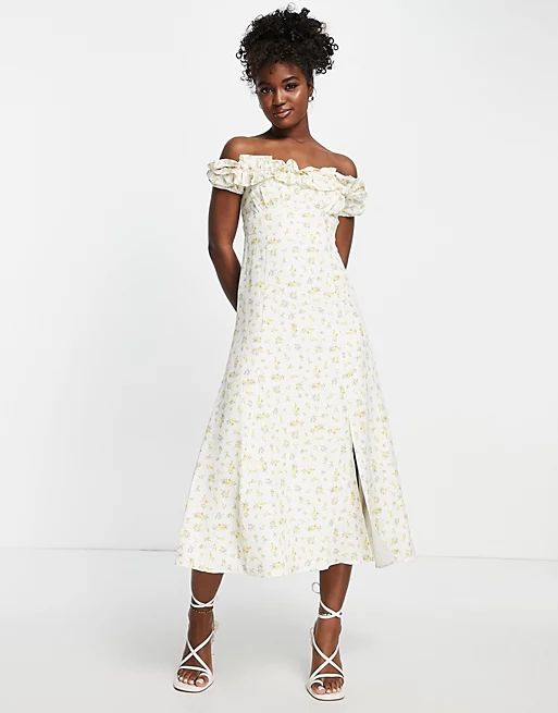 Forever New bardot frill midi dress in lemon ditsy floral | ASOS (Global)