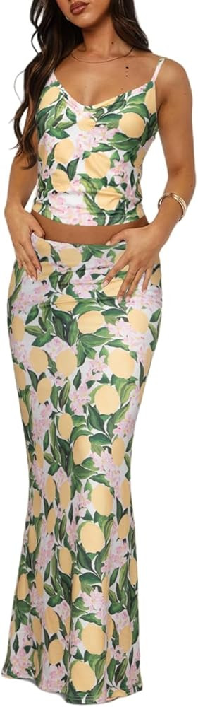 Two Piece Skirt Set for Women - Sexy Sleeveless Spaghetti Strap Pleated Tank Top Maxi Long Skirts... | Amazon (US)