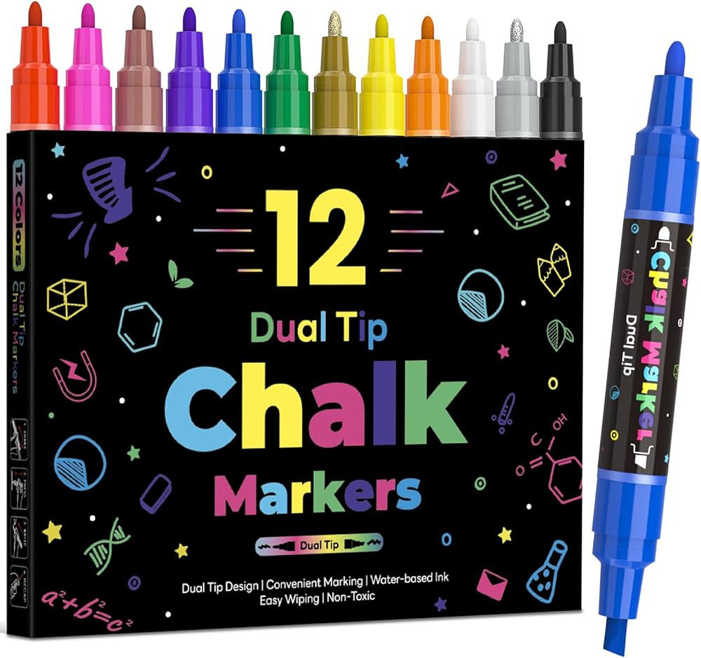 12 Dual Tip Liquid Chalk Markers - Erasable Chalk Markers for Blackboard, Chalkboard Signs, Glass... | Amazon (US)