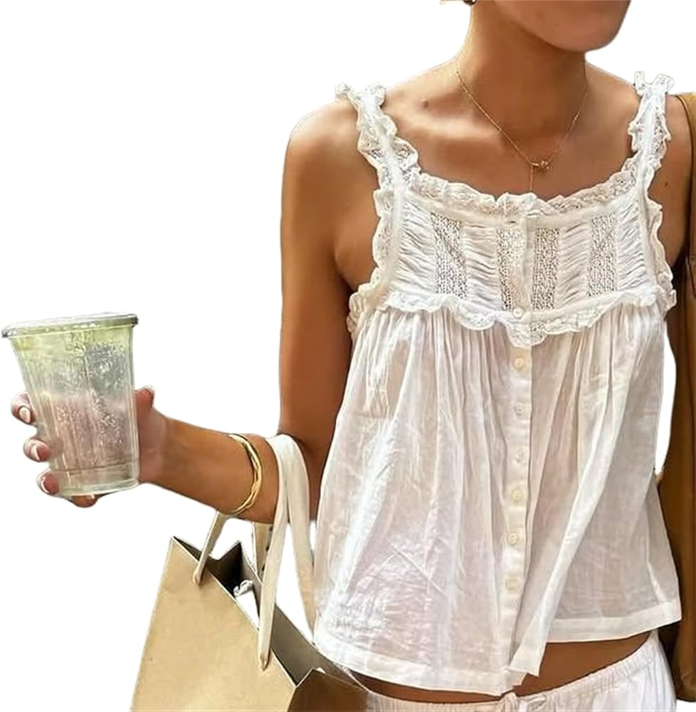 Women Summer Boho Lace Tank Top Vest Tie Front Vacation Beach Cami Tops Sleeveless Button Down Ca... | Amazon (US)