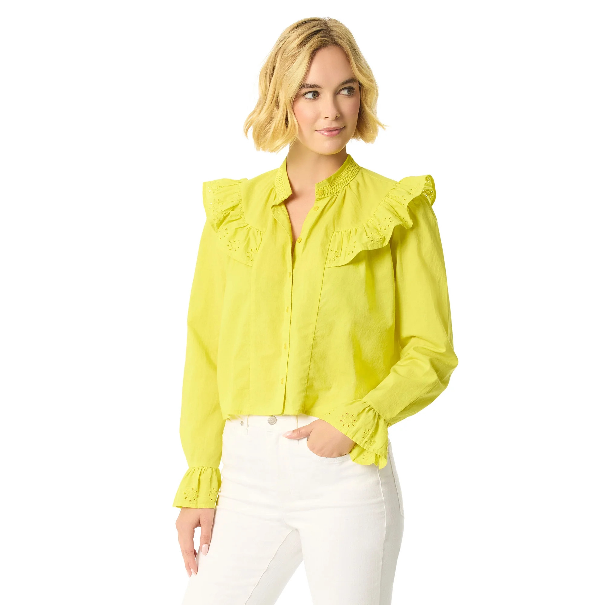 Jessica Simpson Women's and Women's Plus Arista Ruffle Long Sleeve Shirt, Sizes XS-5X | Walmart (US)