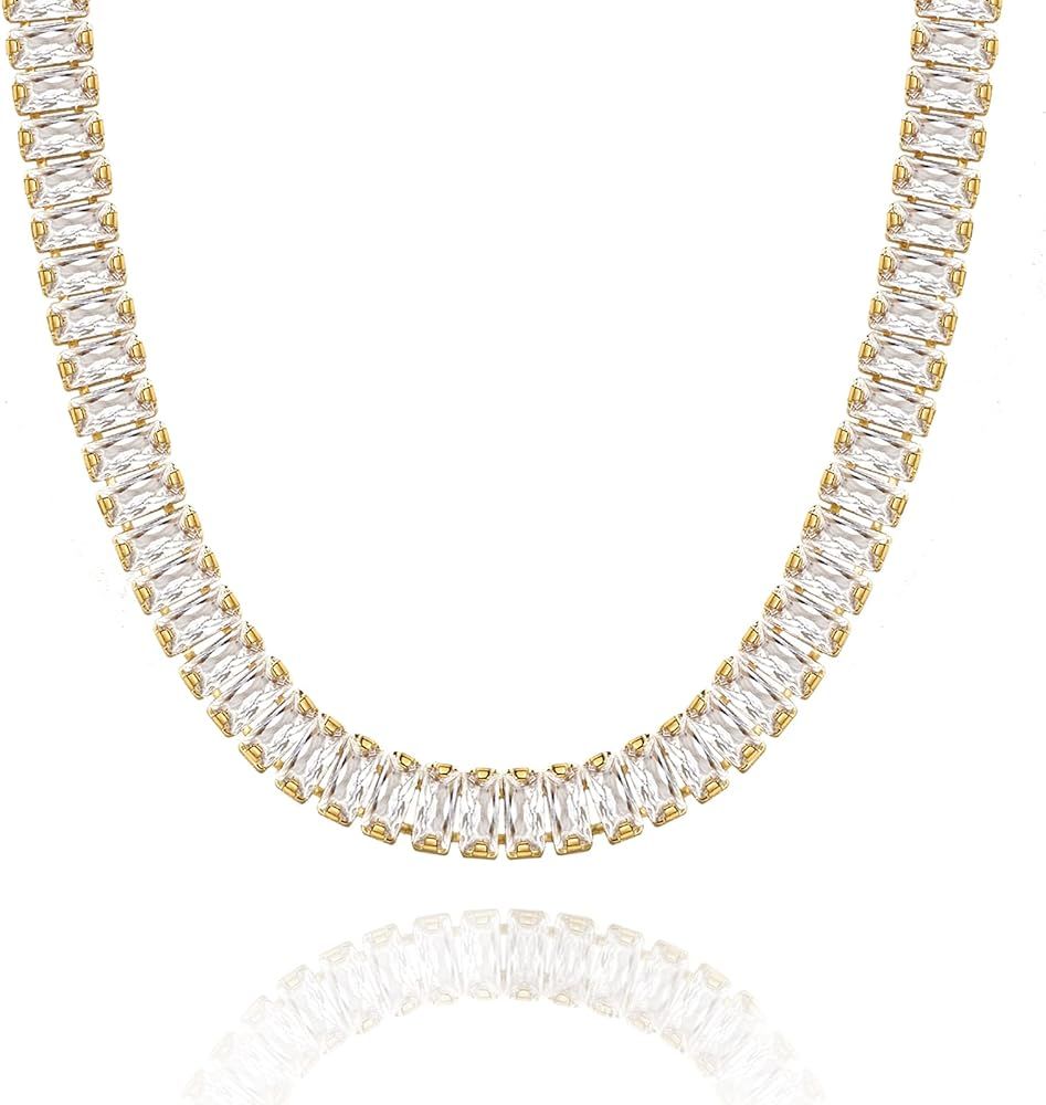 KissYan Diamond Tennis Necklace for Women, 14K/White Gold Plated Cubic Zirconia Baguette Tennis C... | Amazon (US)