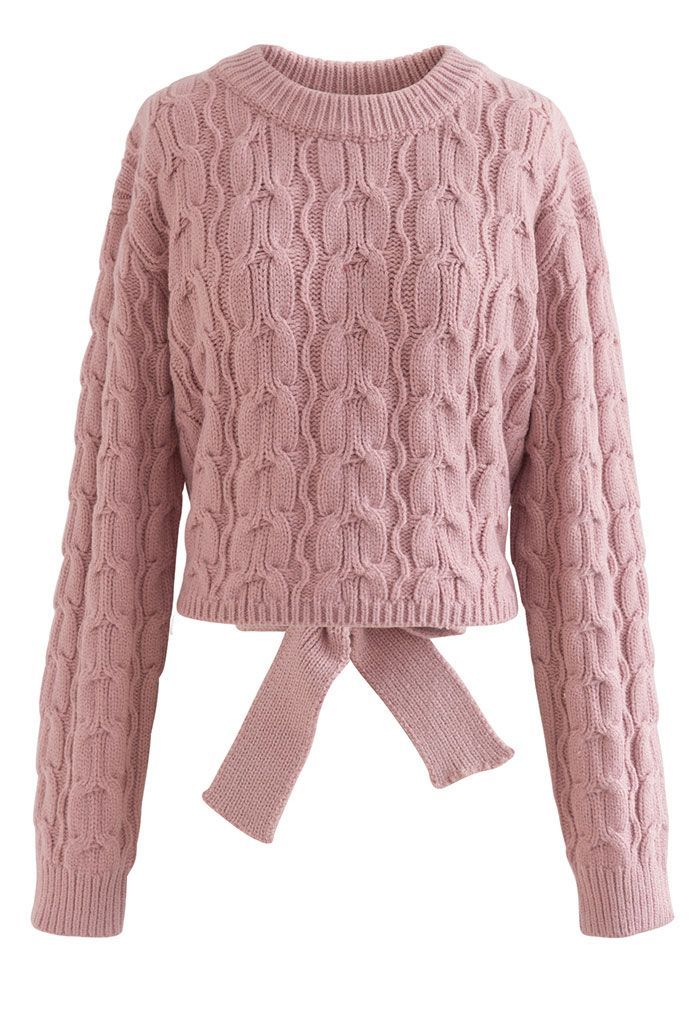 Tie-Knot Back Cable Knit Crop Sweater in Pink | Chicwish