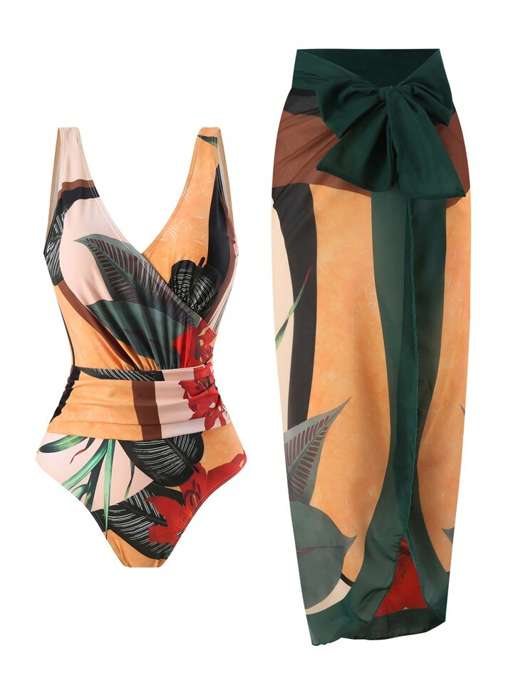 2 Peças/Conjunto Maiô Sem Alça Estampado De Plantas Tropicais Retrô Para Mulheres Com Saia De... | SHEIN