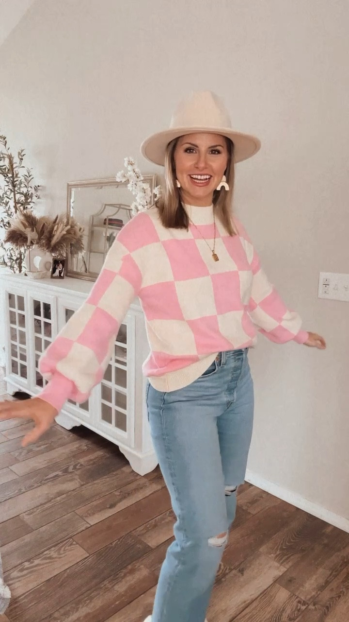 Amazon fashion finds: Date night or girls night outfit! When it’s still cold outside but you want to dress spring!! 
Wearing a m in this Long sleeve relaxed fit pink checkered sweater, high waisted jeans, white ankle boots, Gold jewelry & flat brim hat! 

#LTKSeasonal #LTKunder50 #LTKFind