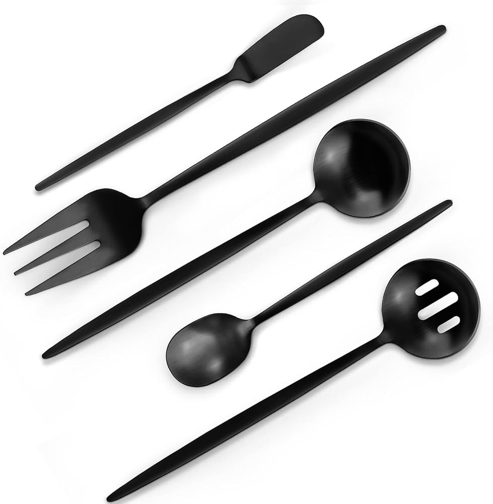 VANVRO Matte Black Serving Silverware Set, 5-Piece Round Shared Utensils Set of Stainless Steel, ... | Amazon (US)