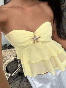 Muchica Summer Casual Vacation Butter Yellow Chest Ruffle Metal Buckle Decor Tube Top | SHEIN