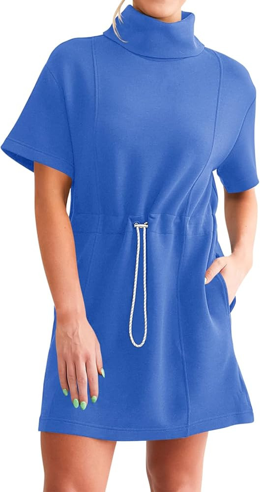 Wenrine Womens Sweatshirt Dress Drawstring Waist Short Sleeve High Neck Casual Mini Dress with Po... | Amazon (US)