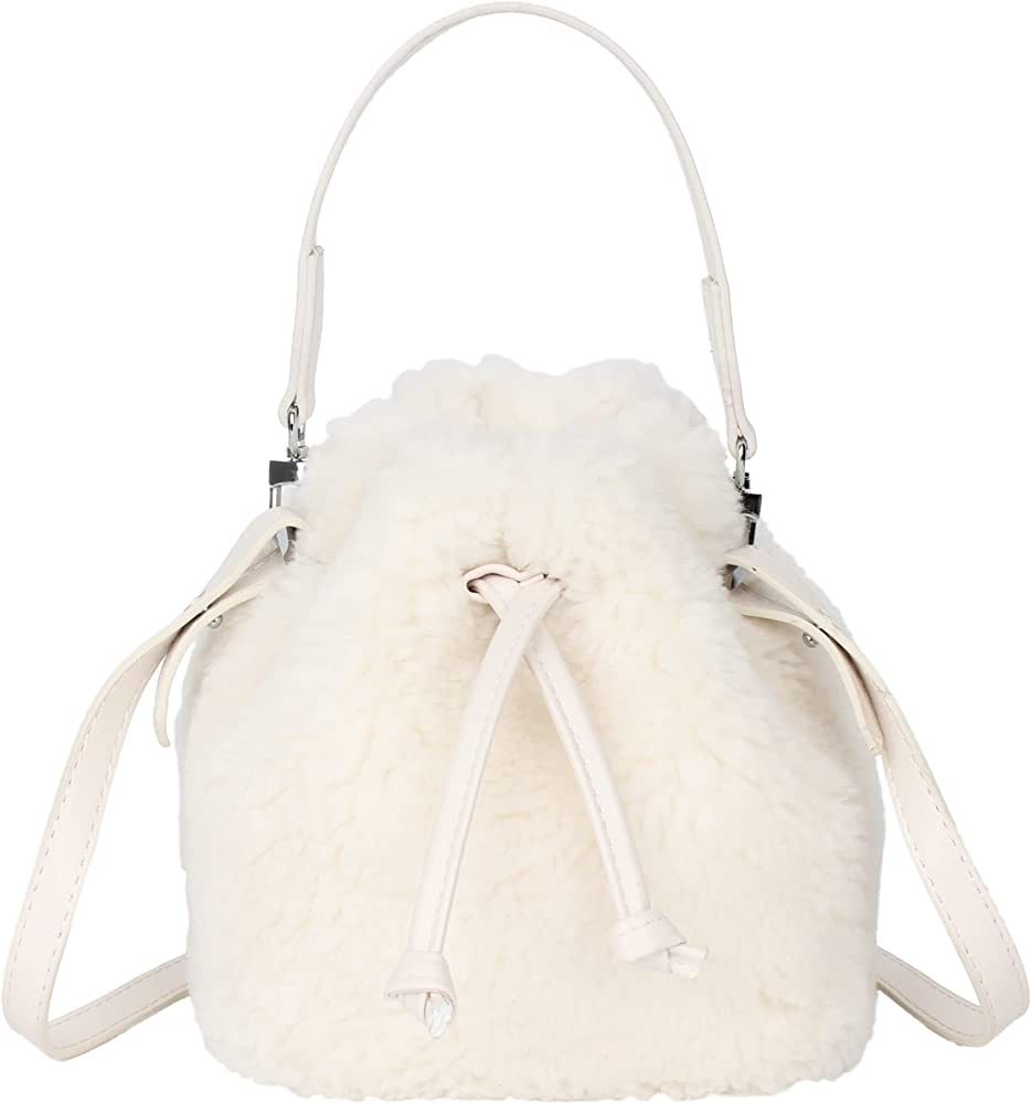 Women Faux Fur Winter Fashion Shoulder Bag Barrel Shape Drawstring Satchel Purse | Amazon (US)