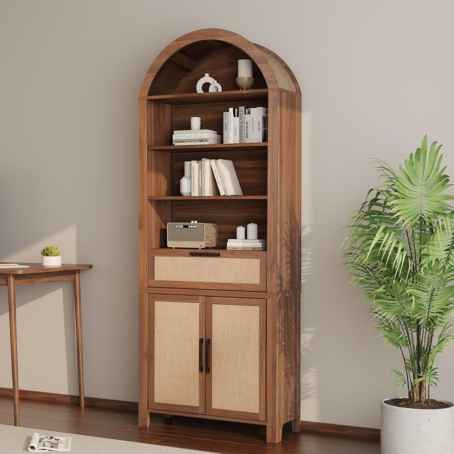 79" Tall Arched Bookcase with Storage, Mid Century Modern 6-Tier Cabinet with Door and Drawer, Ar... | Amazon (US)