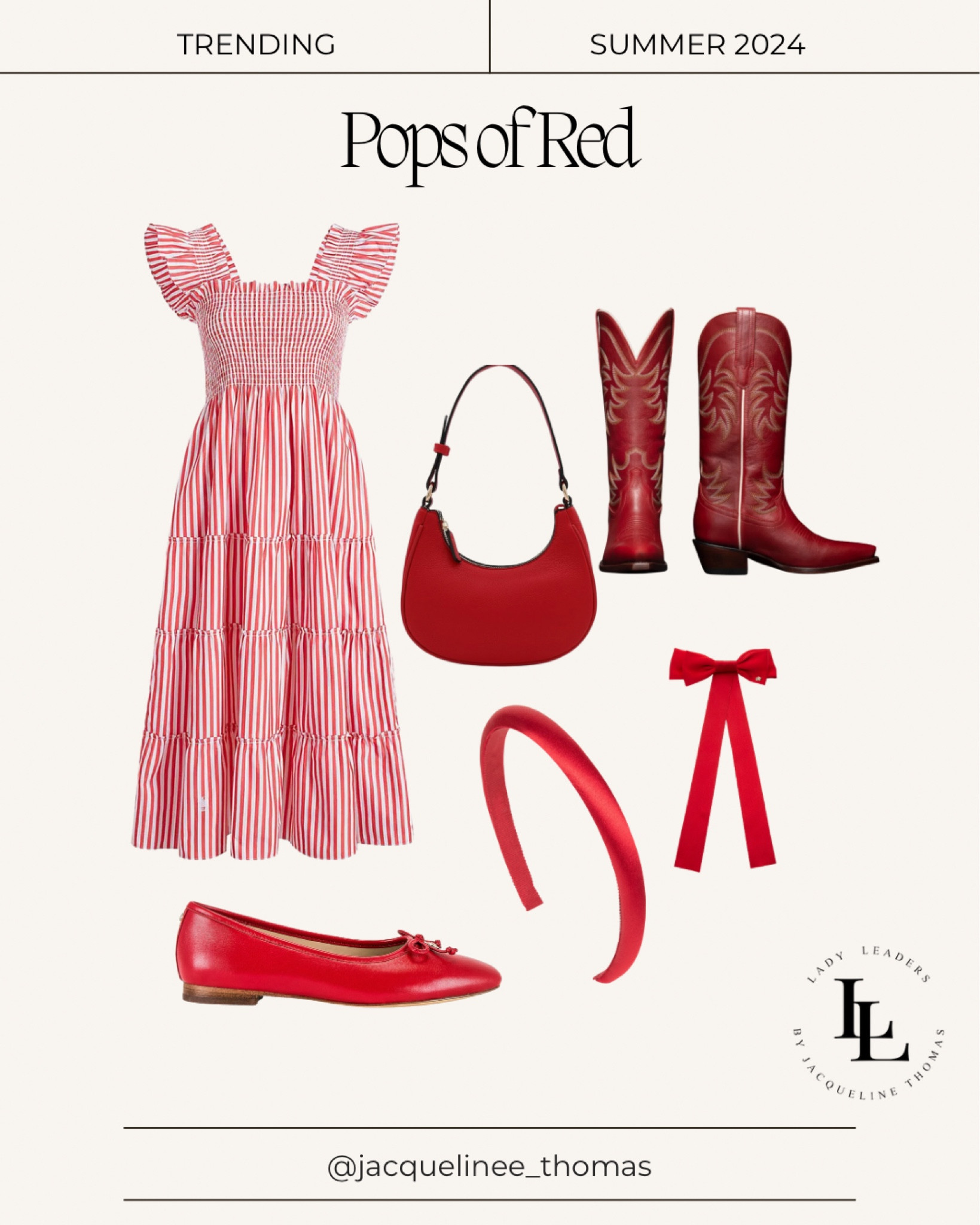 Pops of red trending for summer 2024! Red summer dress, flats, cowgirl boots, hair accessories, and a purse! 



#LTKStyleTip #LTKFestival #LTKSeasonal