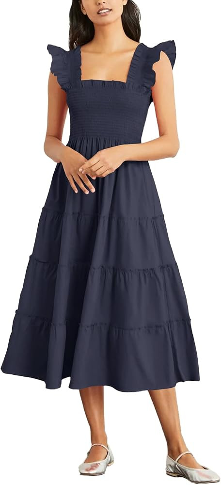 Rooscier Women's Square Neck Smocked Ruffle Sleeveless Sundress Tiered A Line Midi Dress | Amazon (US)
