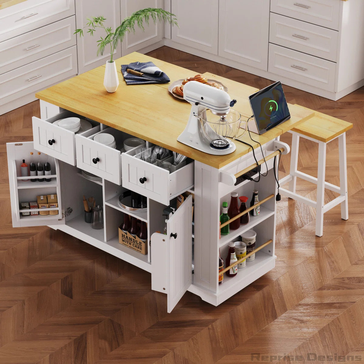 53inch Large Kitchen Island with 2 Bar Stools,Drop Leaf and Power Outlet | Wayfair North America