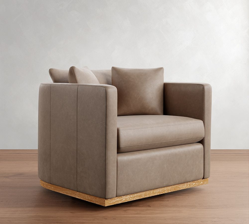 Ayden Barrel Arm Leather Wood Base Swivel Chair | Pottery Barn (US)