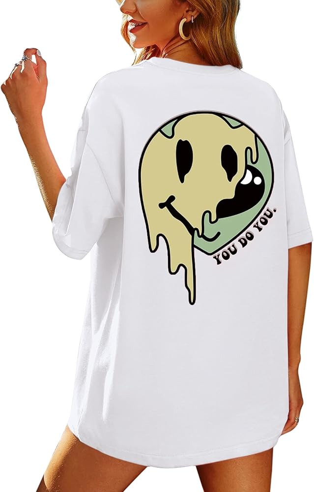 MISSACTIVER Women Oversized Smile Graphic Print Tee Shirt Loose Short Sleeve Round Neck Drop Shoulde | Amazon (US)