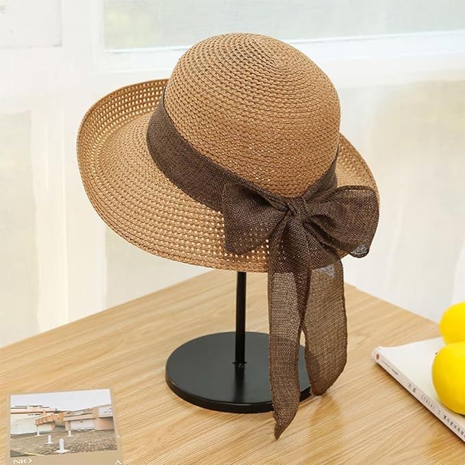 Women Straw Sun Hats Wide Brim Ribbons Roll Up Bucket UPF 50+ Foldable Floppy Sun Hat with Strap ... | Amazon (US)