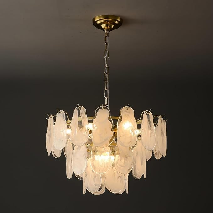 Gold Modern Chandelier 23in 9-Light Cloud Glass Pendant Light Mid Century Chandelier with White S... | Amazon (US)