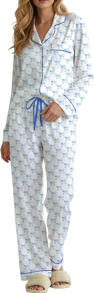 Womens 2 Piece Cute Pajama Sets Bow Button Long Sleeve Pjs Wide Leg Pants with Pocket Casual Loun... | Amazon (US)