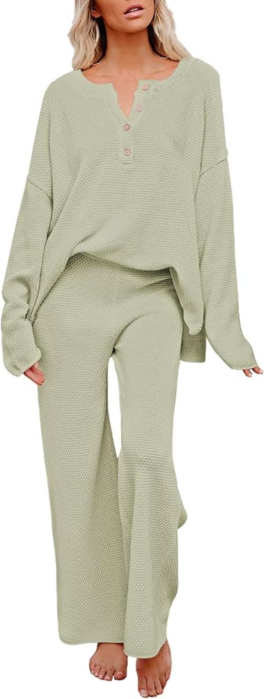 Pink Queen Women's 2 Piece Outfit Set Long Sleeve Button Knit Pullover Sweater Top and Wide Leg P... | Amazon (US)