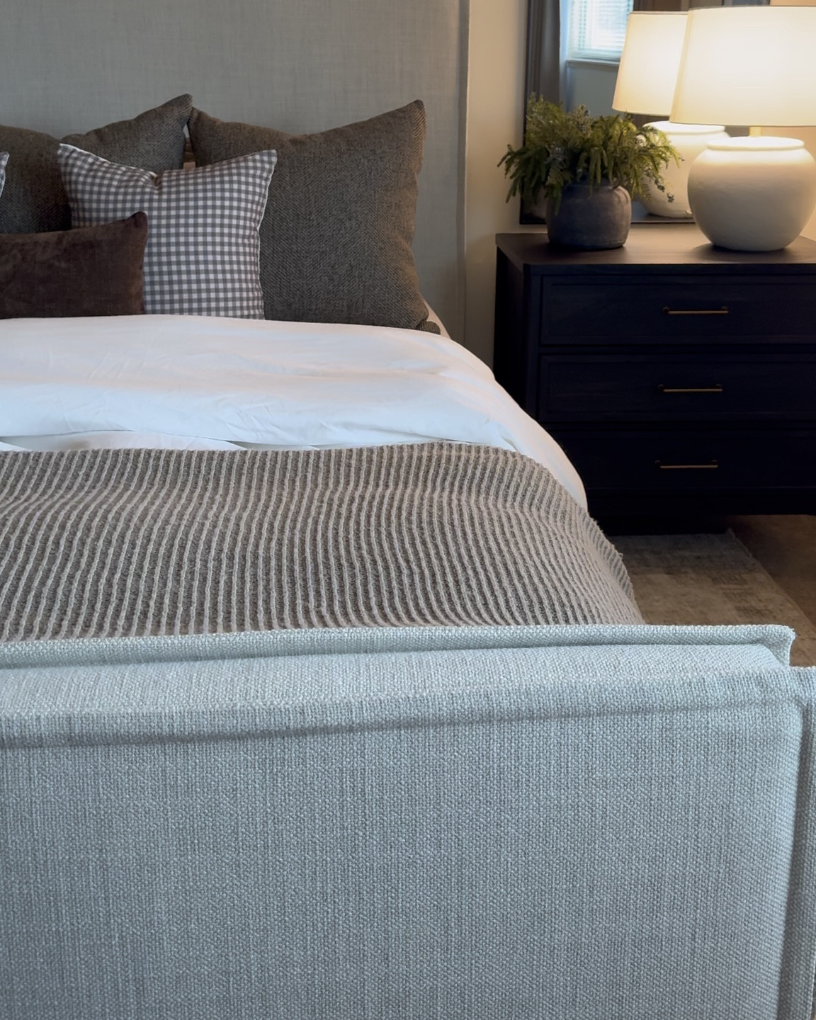 Gingham pillows, brown throw blanket, brown ribbed blanket, upholstered bed, brown pillow cover, Loloi rug, black nightstand, Walmart nightstand, white duvet cover, soft duvet, almond jumper pillow cover, brown gingham, hackner home, wayfair, bedside, pottery barn, Walmart, Target, Afloral stems

#LTKSeasonal #LTKSaleAlert #LTKHome