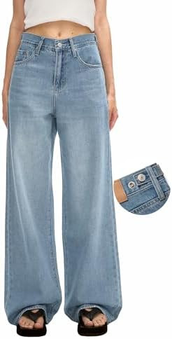 Women's Adjustable Wasit Baggy Jeans with Snap-Button Waistband Wide Straight Leg High Rise Jeans... | Amazon (US)