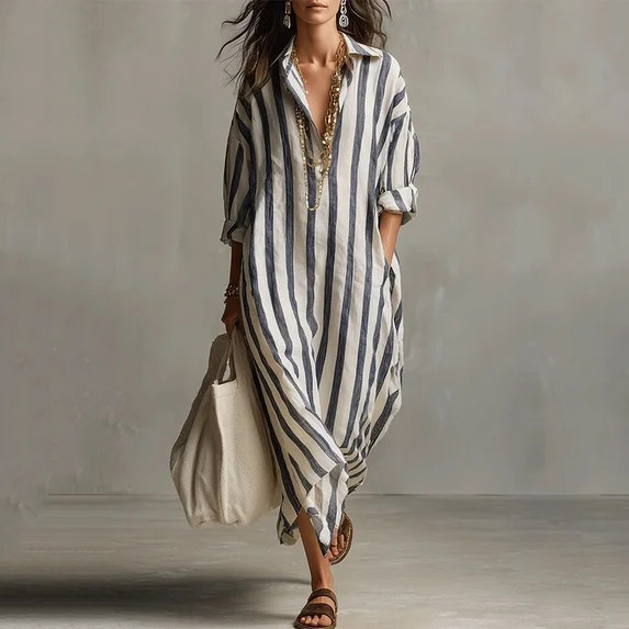 TaTaai Women's V-Neck Short Sleeve Maxi Dress with Striped Print, Side Pockets, and Relaxed Casua... | Walmart (US)