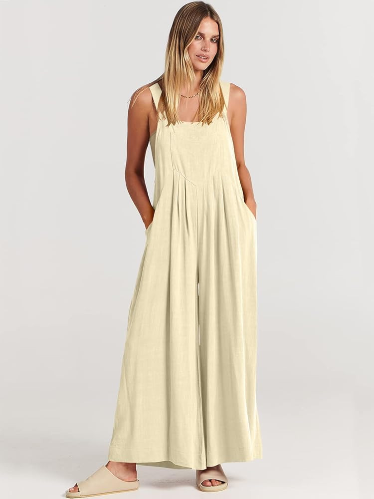 ANRABESS Women's Overalls Casual Loose Sleeveless Adjustable Straps Bib Wide Leg Jumpsuit with Pocke | Amazon (US)