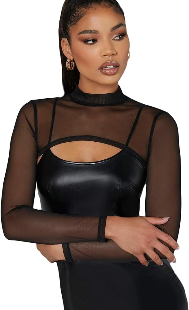 SweatyRocks Women's Long Sleeve Mock Neck Slim Fit Sheer Mesh Crop Shirt Top | Amazon (US)