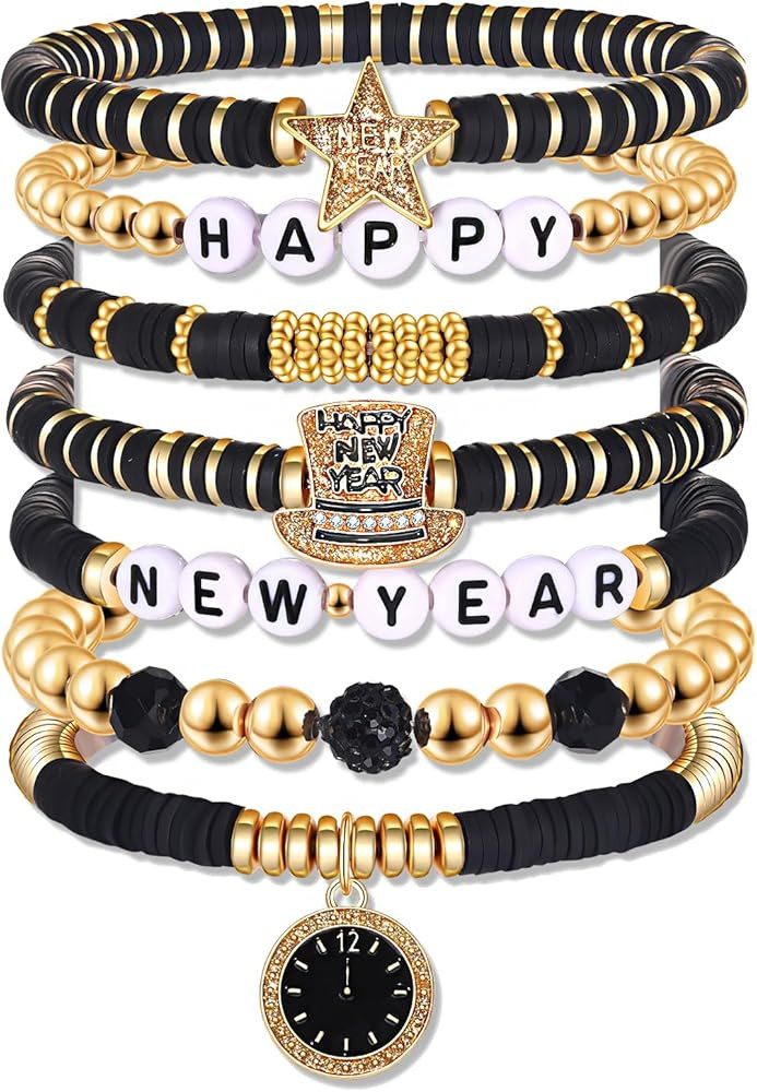 NVENF Happy New Year Bracelets for Women, New Year’s Eve Bracelet Stack, Gold Black Heishi Bead... | Amazon (US)